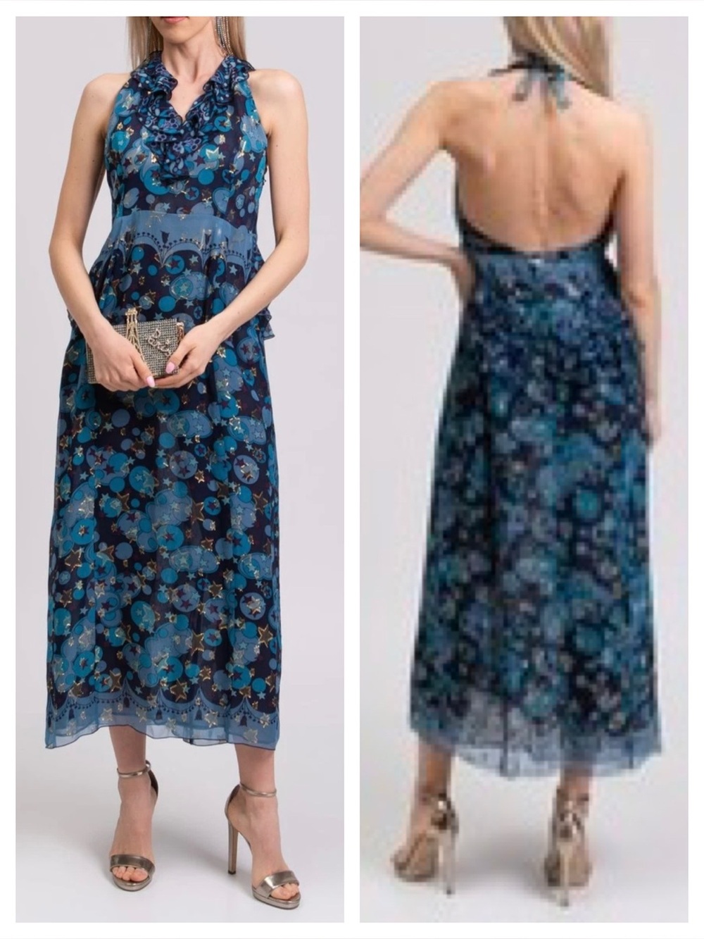 NWT Anna Sui Blue Celestial Star Print Halter Maxi Dress Silk Blend Size 8